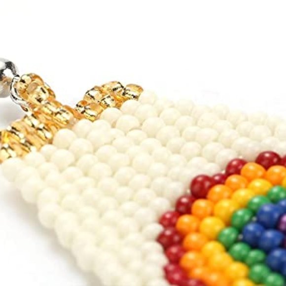 Long 5.5" Rainbow Multicolor & White Earrings Colorful Beaded Oversized Bohemian - Picture 6 of 8